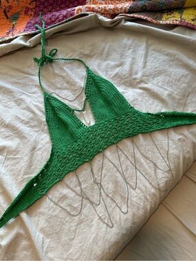 Earthbound Trading  REAL Crystal Crochet green Top with Silver Chain Fringe